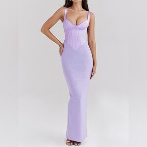 House Of CB Breeze Orchid Satin Corset Maxi Dress Structured In Purple Size M